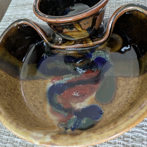 Larrabee Ceramics Handmade Glazed Pottery Chip And Dip Bowl Signed By Artist - Picture 5 of 5